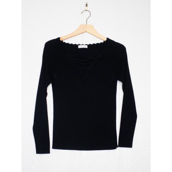 SANDRO Black Ribbed Lace Up Long Sleeve Sweater Top LARGE - Picture 3 of 10